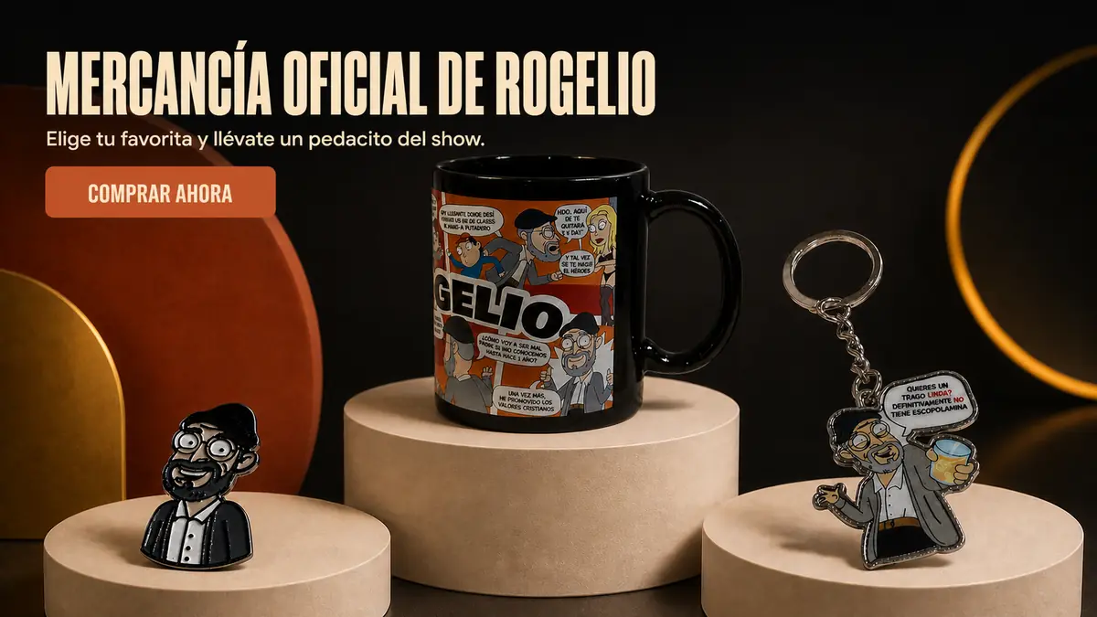 Mercancía oficial de Rogelio: pin, pocillo y llavero